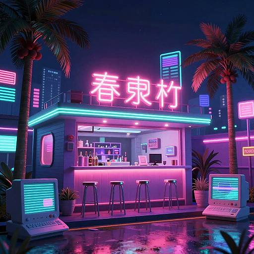 Neon Vaporwave Bar Exterior Night
