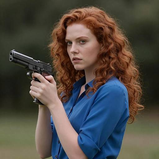 Intense Red-Haired Woman with Gun