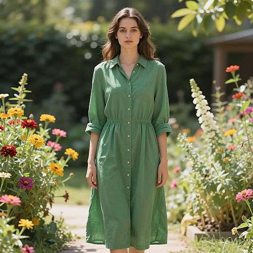 Young Woman in Green Shirt Dress in Flower Garden