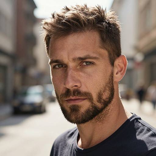 Photograph of a handsome, bearded Caucasian man with tousled brown hair and blue eyes, wearing a black shirt, standing on a sunlit city