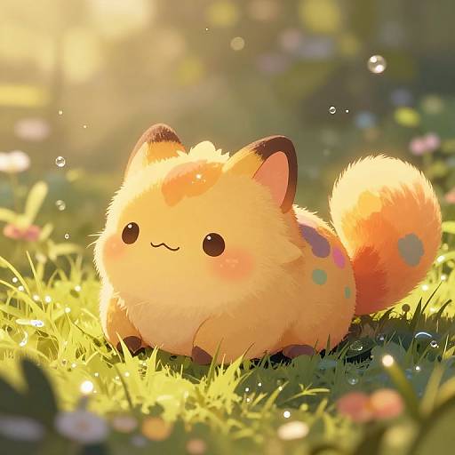 Cute digital illustration of a fluffy, orange, chibi-style fox with black-tipped ears and tail, sitting in sunlit grass with sparkles