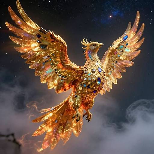 Digital artwork of a radiant, golden phoenix with iridescent feathers and blue gems, soaring in a starry, misty night sky.