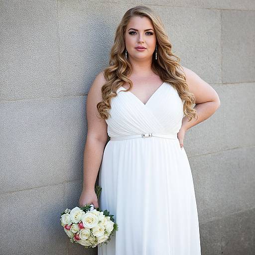 Photograph of a plus-sized, light-skinned woman with long, wavy blonde hair, wearing a white, V-neck dress, holding a bouquet