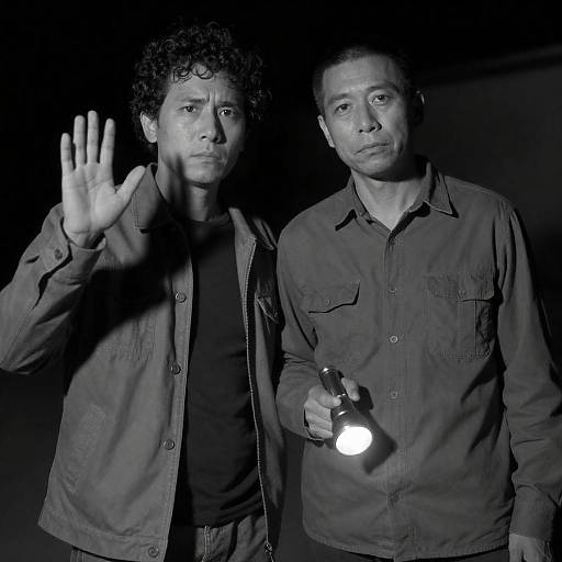 Photograph of two middle-aged men in dark clothing; one with curly hair, waving hand, the other holding flashlight, serious expressions.
