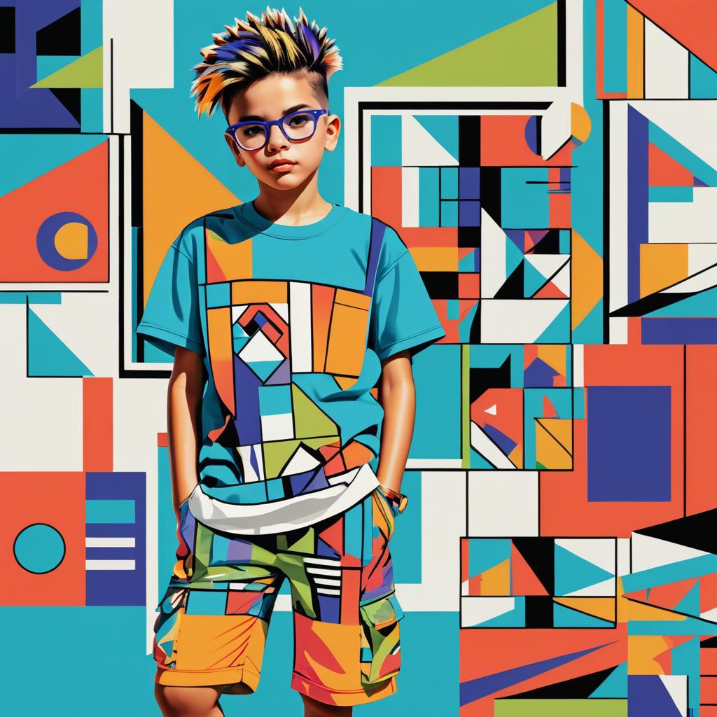 Cubist Boy in Graphic Tee and Cargo Shorts