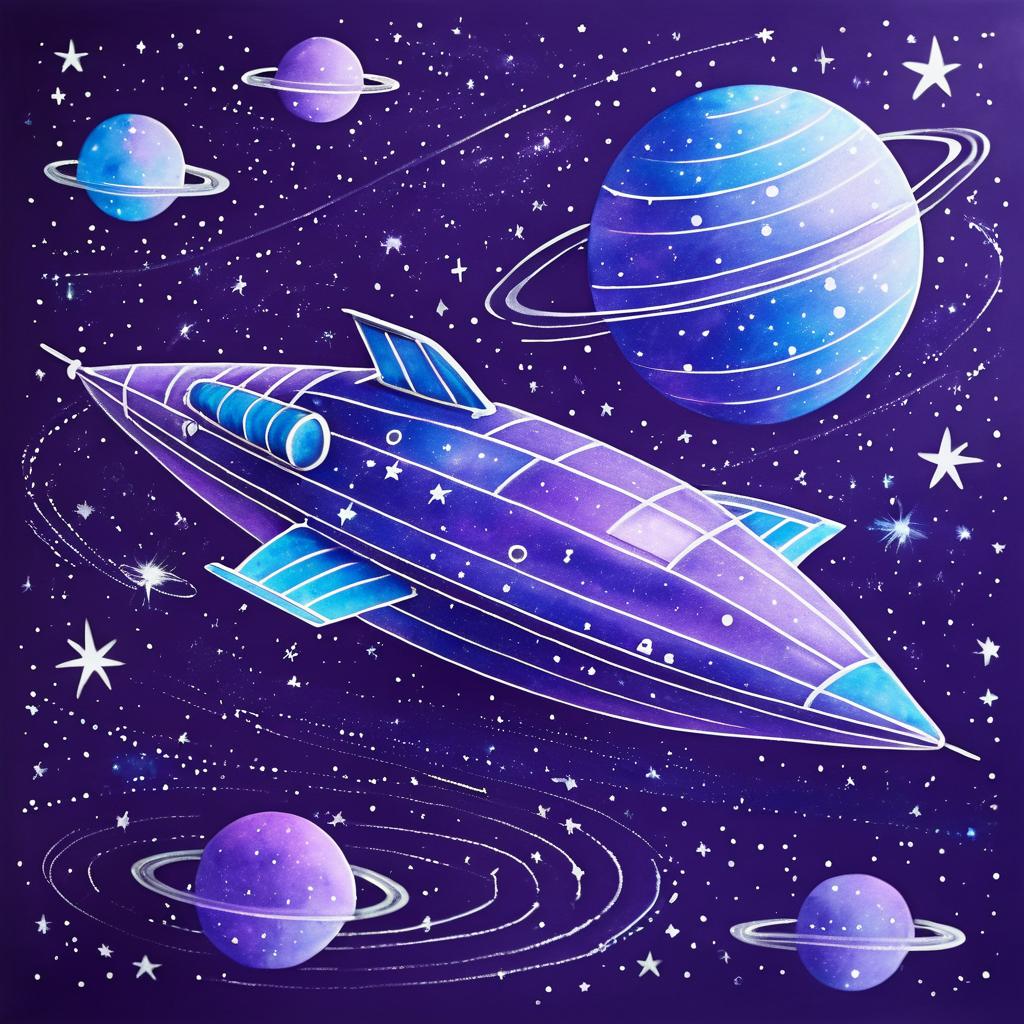 Child's Crayon Spaceship in Starry Sky