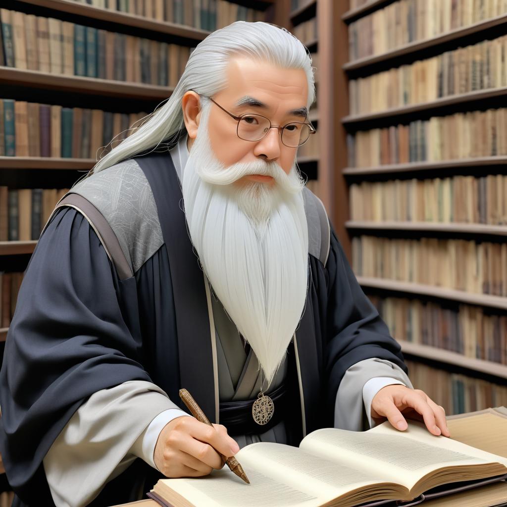 Wise Old Scholar in Dusty Library