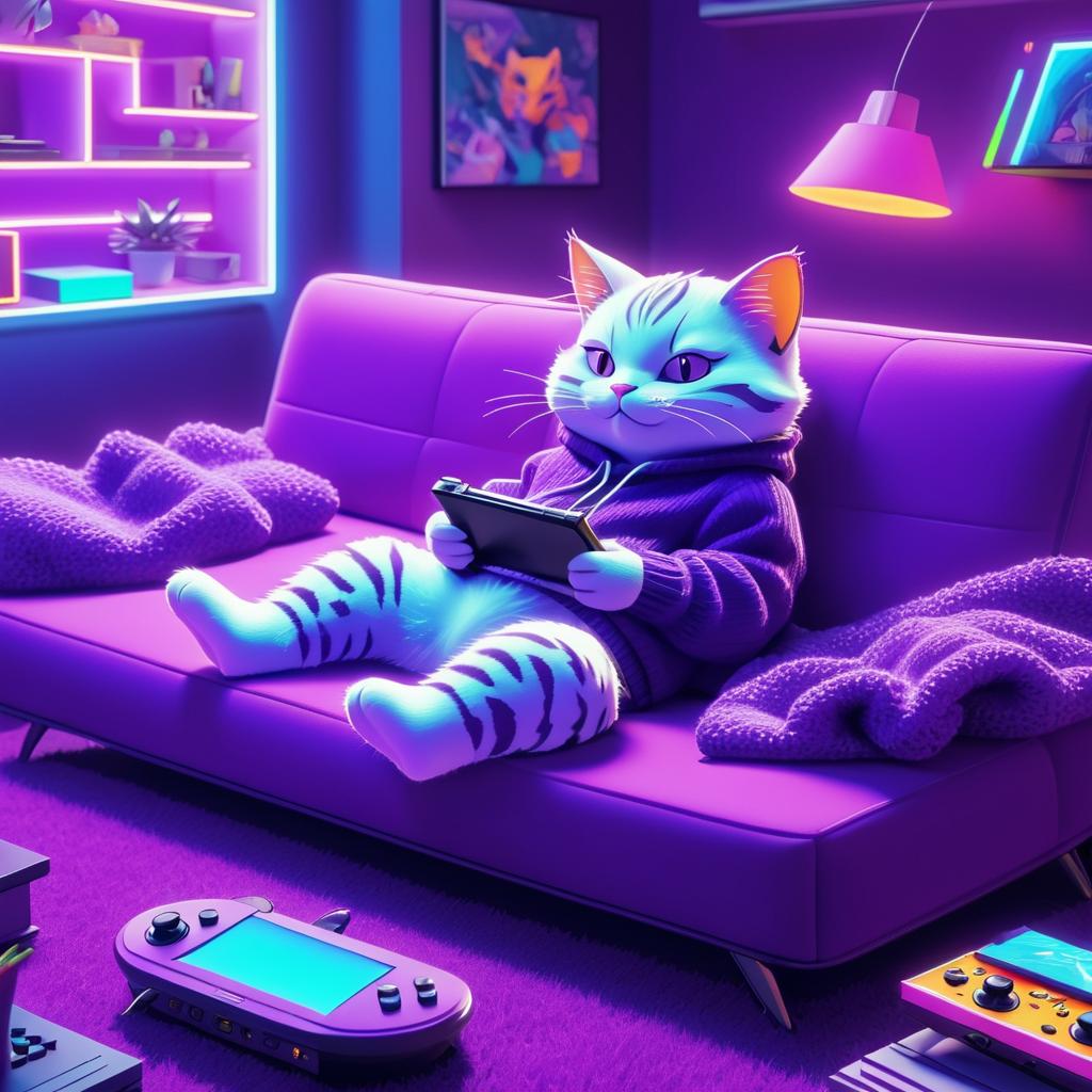 Anime-Style Cat Gaming on Purple Couch