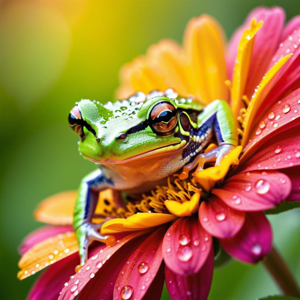 Vibrant Tree Frog on Zinnia Macro Shot