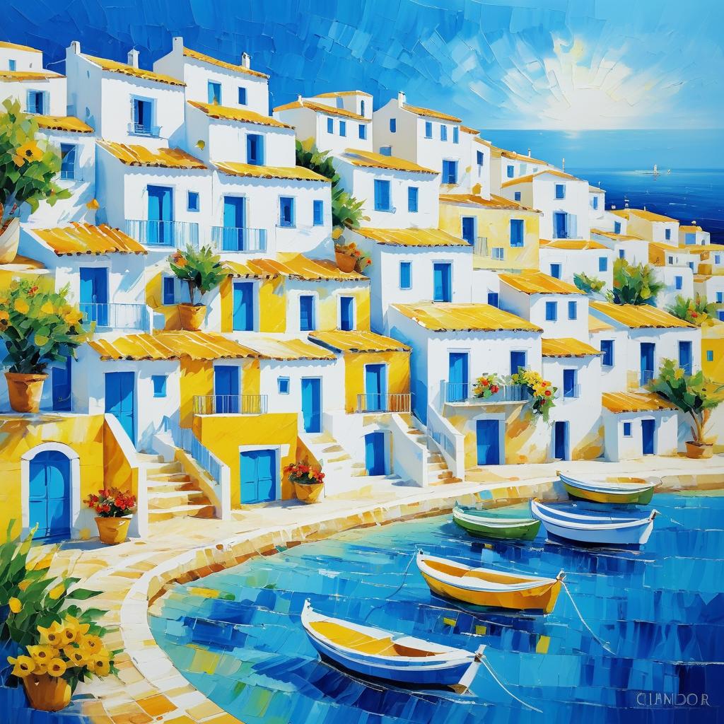 Charming Greek Village in Van Gogh Style