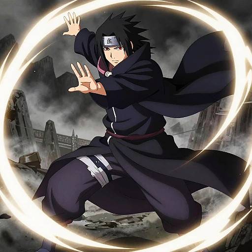 Anime-style digital artwork of a black-haired ninja with blue eyes, wearing a dark cloak and headband, casting a glowing energy ring in a ruined,