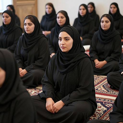 Photograph of nine young women in black hijabs and abayas, seated on a patterned rug, in a softly lit room.