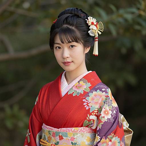 Photograph of an East Asian woman in a vibrant red and purple floral kimono, black hair styled with a white and red hairpin, set against