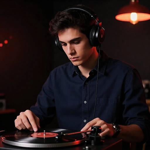 Focused Young Man with Vinyl Record