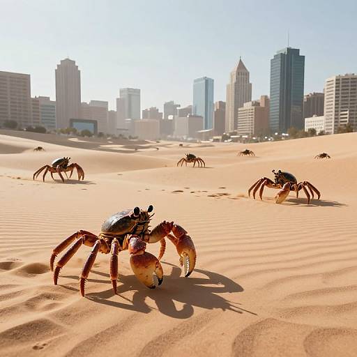 Photograph of realistic CGI crabs on sunlit, sandy desert with distant city skyline; crabs casting shadows in foreground, others scattered mid-ground.