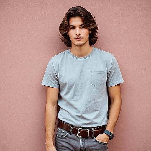 Young Man in Casual Outfit Against Pink Wall