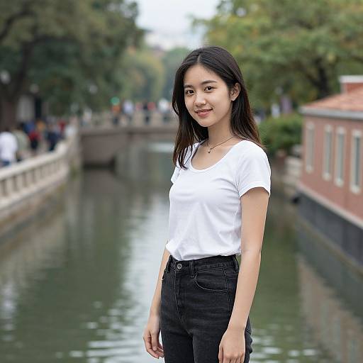 Young Asian woman with long black hair, wearing a white t-shirt and black jeans, smiles standing by a canal with trees and boats in the background.