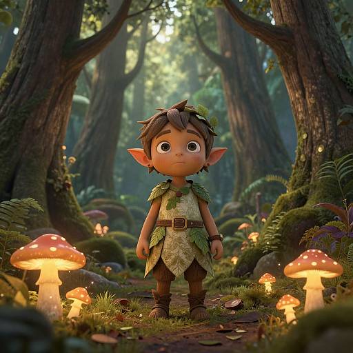 CGI fantasy forest scene with a cute, small, elf-like child with brown hair, large ears, leafy outfit, standing among glowing mushrooms.