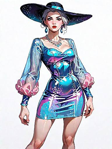 Stylish woman in sequined mini dress and wide-brimmed hat