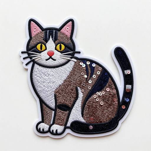 Colorful, detailed digital illustration of a black and white cat with yellow eyes, red nose, and sequined brown pattern, sitting on a white background