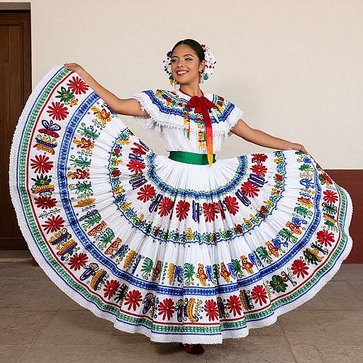 Photograph of a smiling Mexican woman in a vibrant, embroidered, traditional white folk dress, spreading the skirt wide, standing indoors.