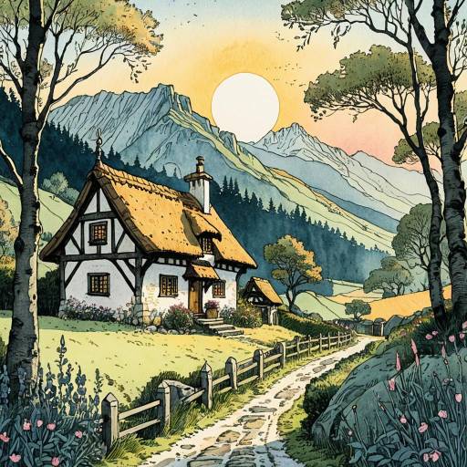 Charming Medieval Cottage Landscape Illustration