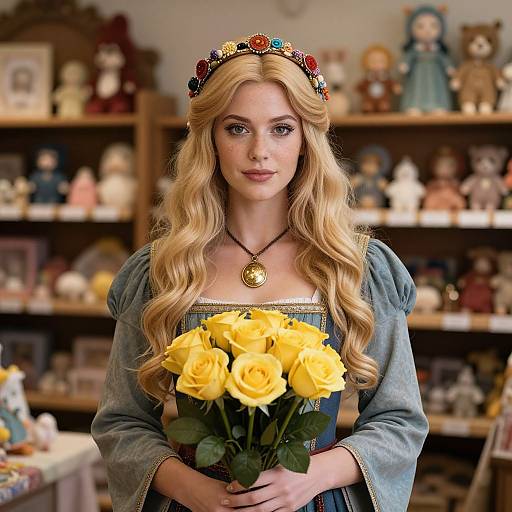 Photograph of a blonde woman with wavy hair, floral crown, blue dress, holding yellow roses, in a vintage doll shop.