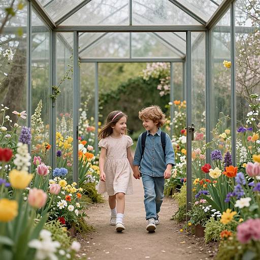 Photograph of a young girl in a pink dress and a boy in a blue shirt, holding hands, walking through a colorful greenhouse filled with blooming