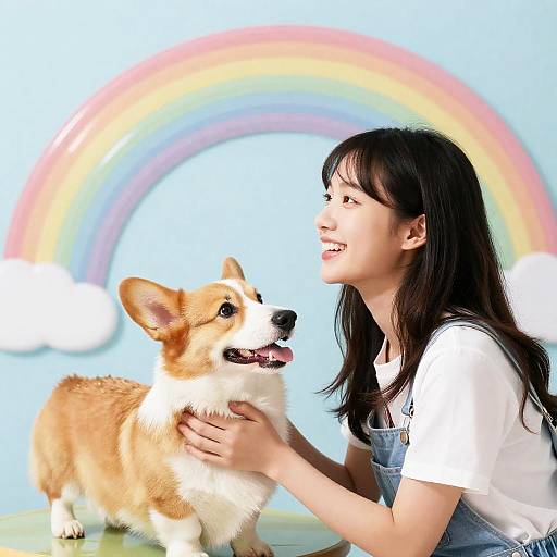 Joyful Woman and Corgi in Rainbow