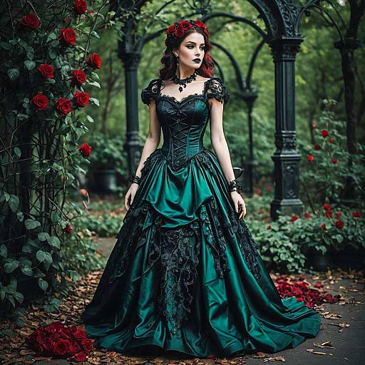 Woman in Gothic Emerald Victorian Dress