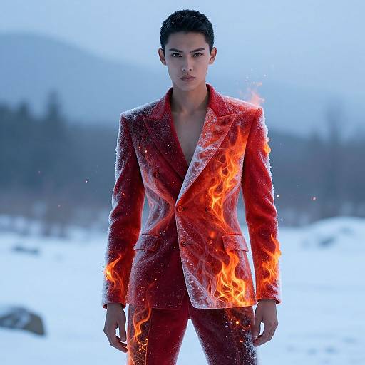 Photograph of an Asian man in a red suit with flames, standing in a snowy landscape, blue sky background, intense gaze, short black hair,