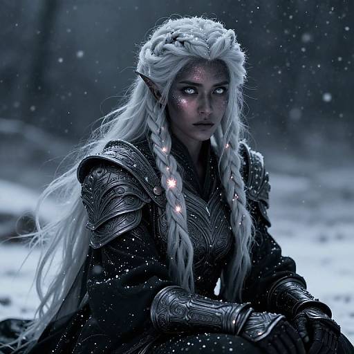 Digital art of a snow-covered, ethereal elf woman with long white braided hair, glowing white eyes, and intricate black armor, seated in a