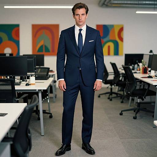 Photograph of a serious, attractive, young white man in a dark navy suit, white shirt, and black tie, standing in a modern office with