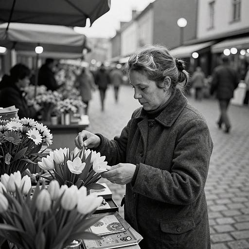 Black-and-white photograph of a middle-aged woman in a coat, carefully selecting tulips at an outdoor market stall on a cobblestone street.