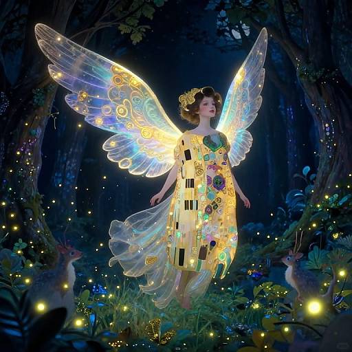 Digital illustration of a glowing fairy with translucent wings, wearing a floral-patterned dress, surrounded by fireflies and deer in a dark, enchanted forest.