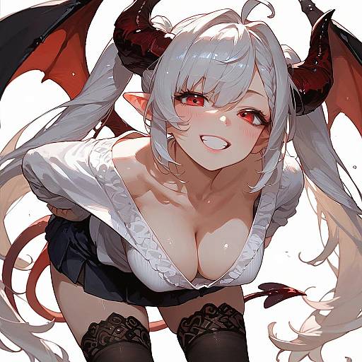 Demon Girl Smiling with White Hair