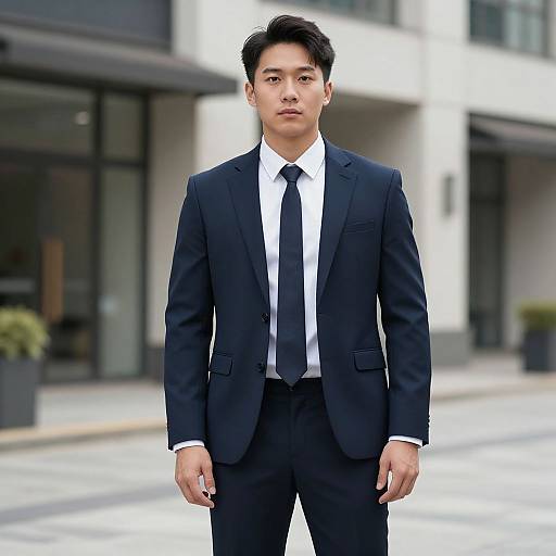 Photograph of a young Asian man in a sharp, dark navy suit, white shirt, and black tie, standing confidently in front of a modern urban