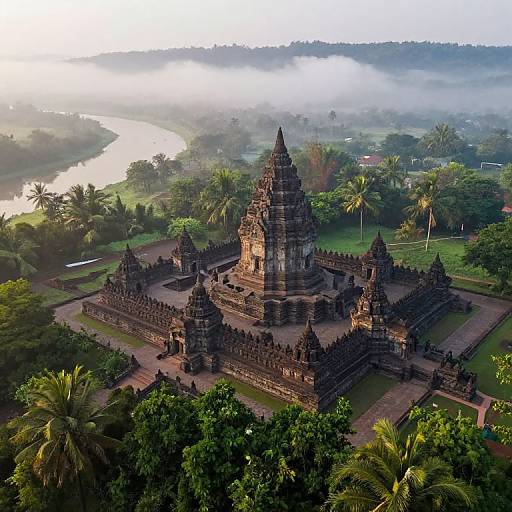 Aerial photograph of an ancient, dark-stone Hindu temple with multiple spires, surrounded by lush greenery, palm trees, and misty river