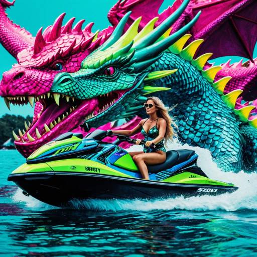 Woman Riding Jet Ski in Front of Giant Colorful Dragon
