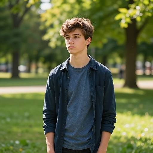 Photograph of a young Caucasian boy with short brown hair, wearing a blue shirt and gray t-shirt, standing in a sunlit park with green trees