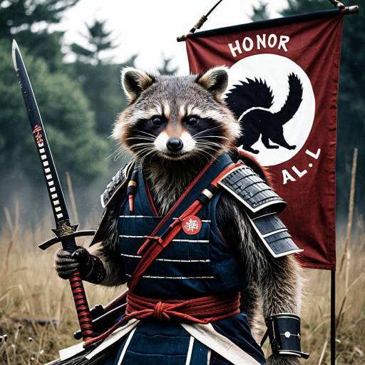 Samurai Raccoon Warrior with Sword and Banner