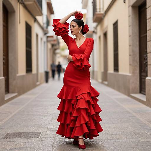 Photograph of a woman in a vibrant red ruffled flamenco dress, standing in a narrow European alley, posing with arms raised, wearing red shoes