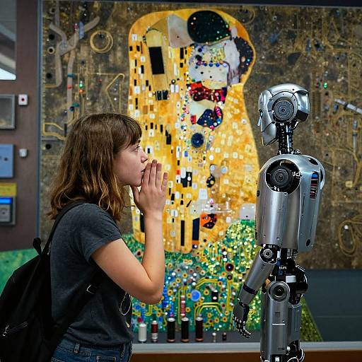 Photograph of a woman with brown hair, black shirt, and backpack, gazing at a silver robot against a vibrant Gustav Klimt-style