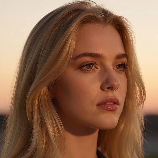 Photograph of a blonde woman with fair skin, light brown eyes, and pink lips, gazing into the distance at sunset. Her hair is loose