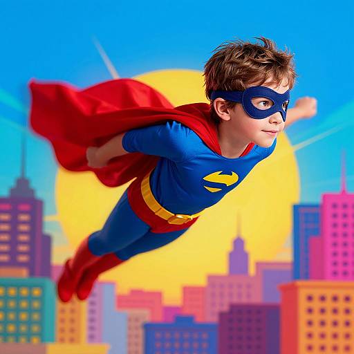 Child Superhero Flying Over Cityscape