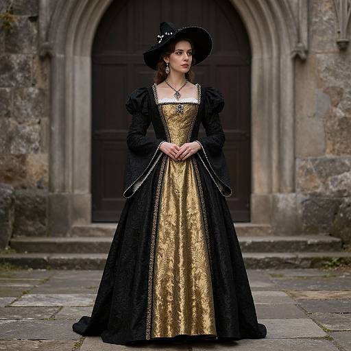 Photograph of a woman in a Renaissance-style black and gold gown with puffed sleeves, black hat, standing before a gothic stone archway.