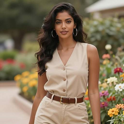 Young Woman in Beige Outfit in Garden