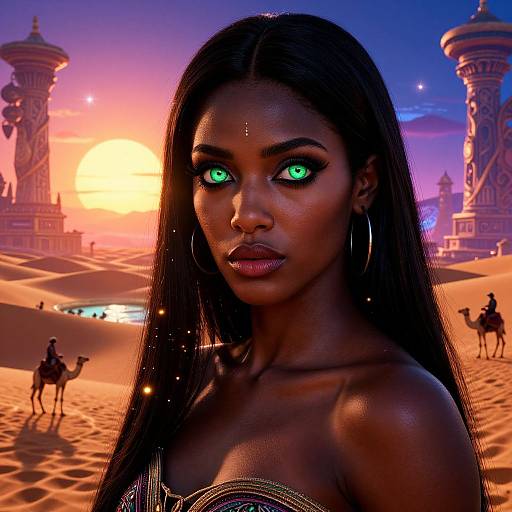 Digital artwork of a dark-skinned woman with glowing green eyes, long black hair, wearing hoop earrings, in a desert sunset with ornate towers and