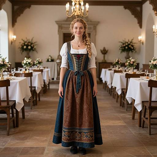 Photograph of a smiling young woman in a traditional Bavarian dirndl dress, standing in a warmly lit, elegant banquet hall.