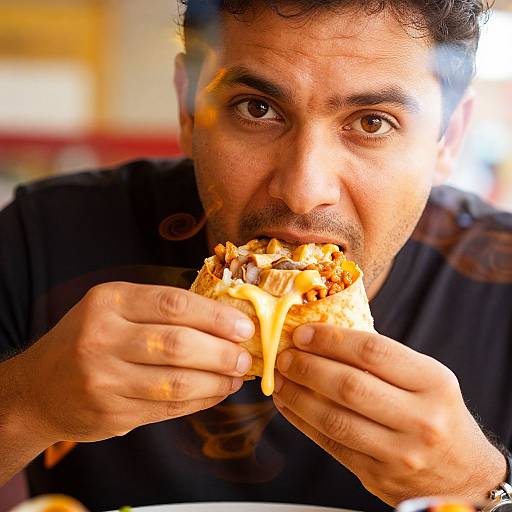Photograph of a man with dark curly hair and brown eyes, mid-bite into a cheeseburger, wearing a black shirt, with a blurred background